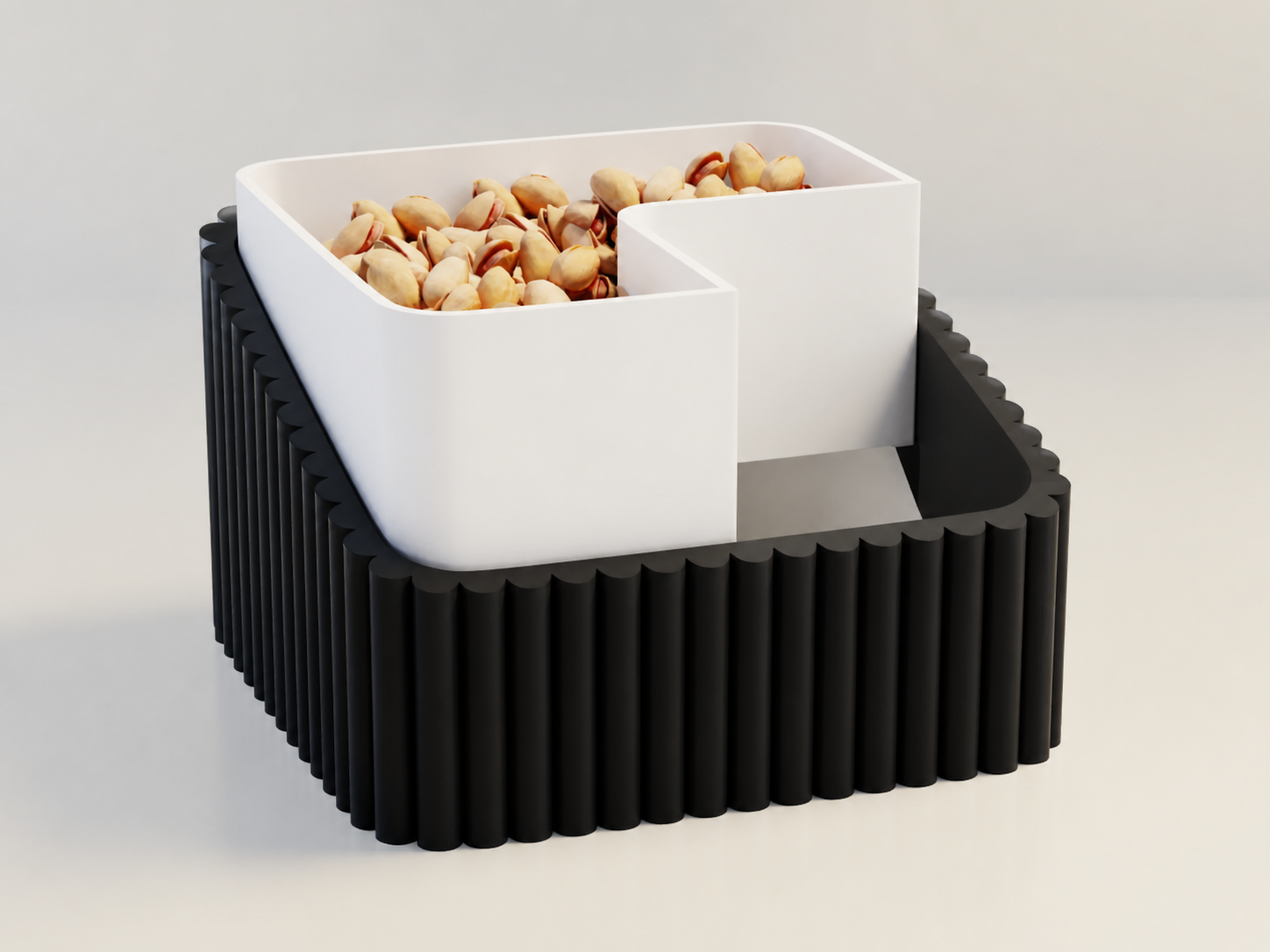 3D Baskı Fıstık Kasesi - Çift Hazneli Kabuk Ayırıcı Sunum Kasesi - Siyah Beyaz
