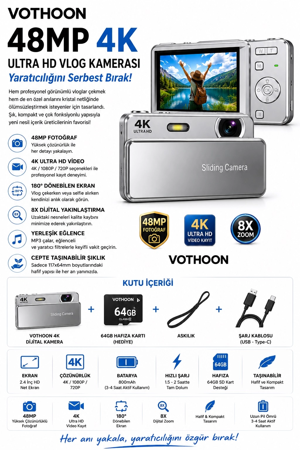 Dijital Kamera 4K HD 48MP 8X Zoom Flaşlı Kayar Retro Video Kamera 2.4’’ Ekran 64GB SD Kart Hediyeli Gümüş