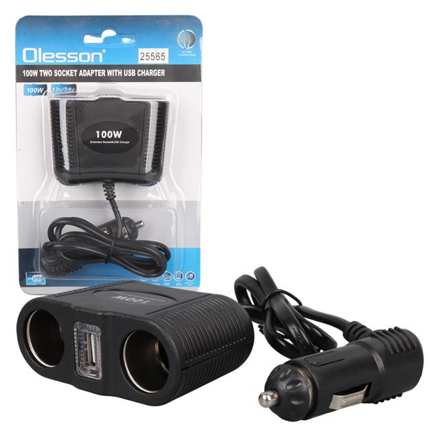 Olesson 1645 12-24V Tek USB Girişli 100W 70cm Kablolu 2’li Araç Çakmak Çoklayıcı