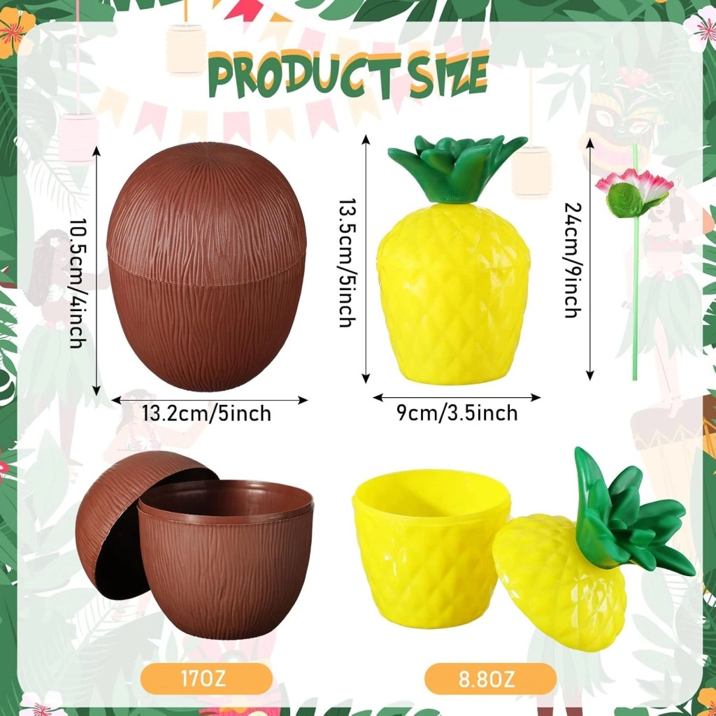 Tasarım Pipetli Bardak Seti 6 Adet Ananas ve Hindistan Cevizi