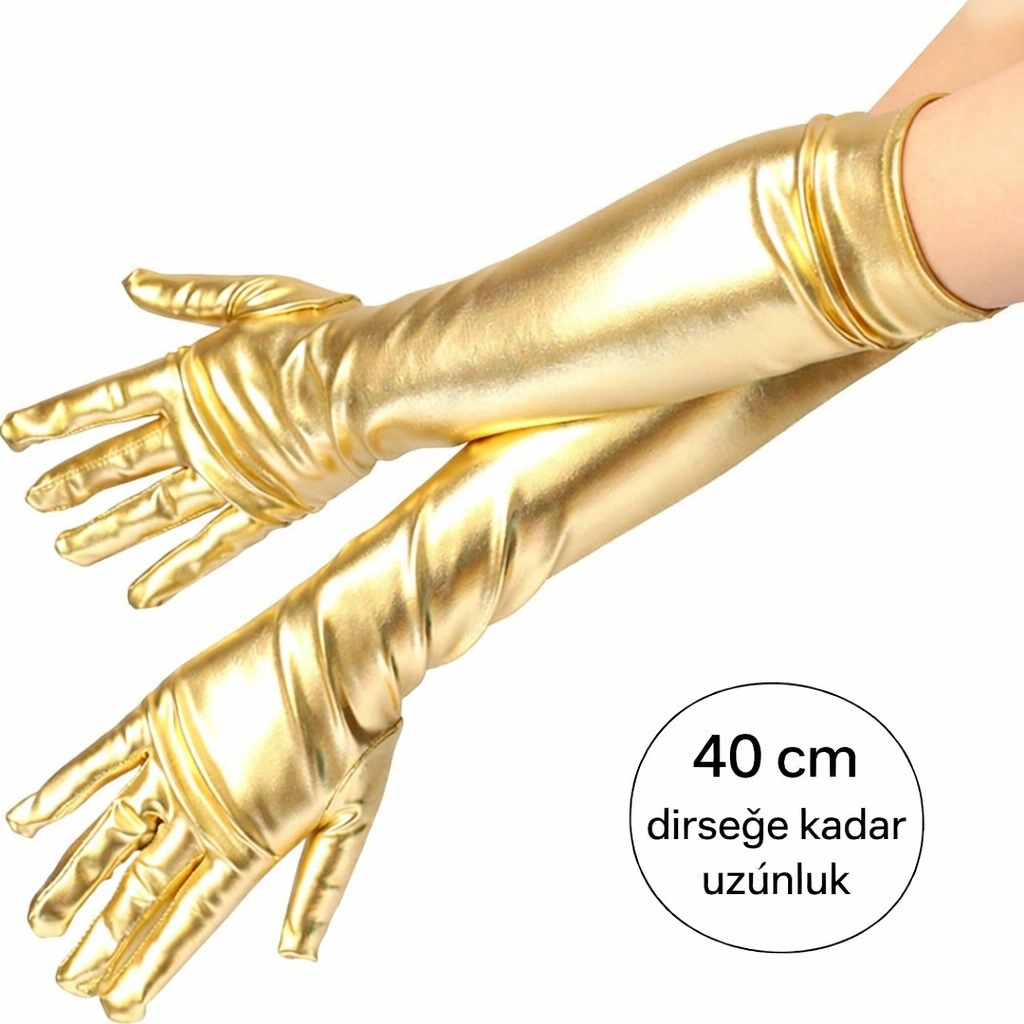 Lüks Altın Renk Saten Eldiven 40 cm Dirsek Altı
