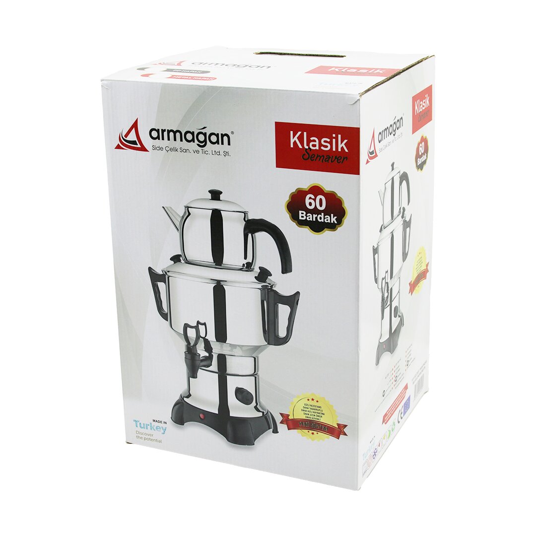 Klasik Çay Seti=demlik - Su Kazanı Elektrikli Semaver 60 Bardak 6LT - Tek Musluk 1500W Gizli Rezistans