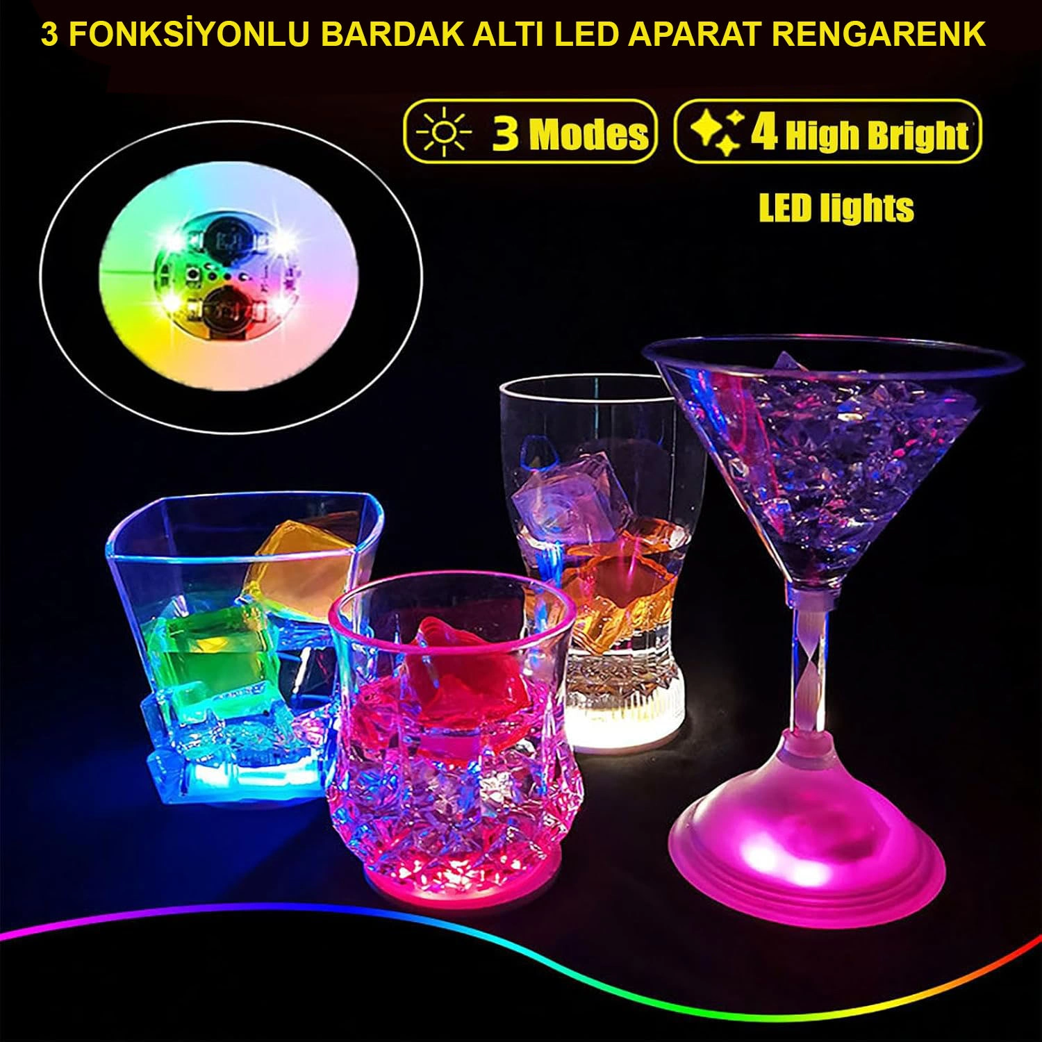 Şık LED Işıklı Bardak Altı Aparatı 6 cm Çap 3 Fonksiyonlu
