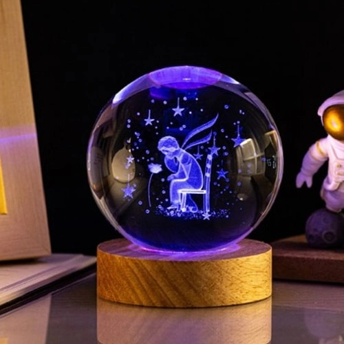 Renk Değiştiren Cam Küre 6 cm Ahşap Altlıklı Masa Lambası