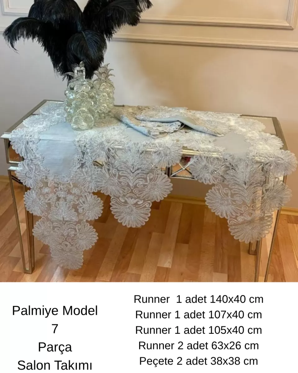 Salon Takımı Palmiye Model Gri Keten Runner Seti 5 Parça