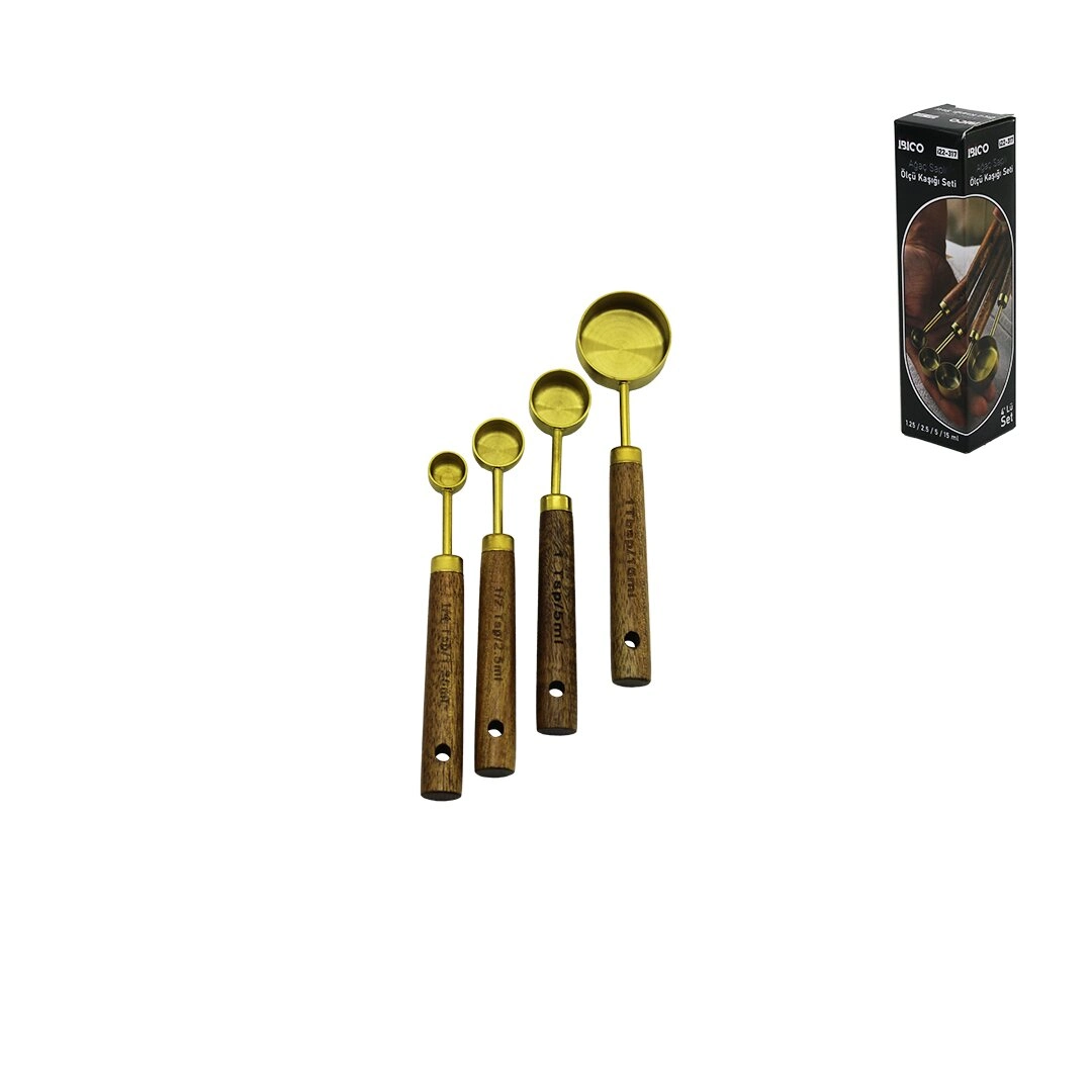 Şık Otantik Ağaç Kulp 4'lü Altın Metal Ölçü Kaşık Seti