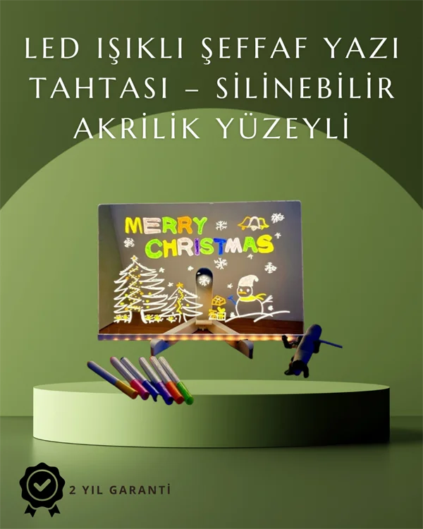Şık ve Modern LED Pano – Neon Işıklı Silinebilir Akrilik Yazı Tahtası, 7 Renkli Kalem Dahil