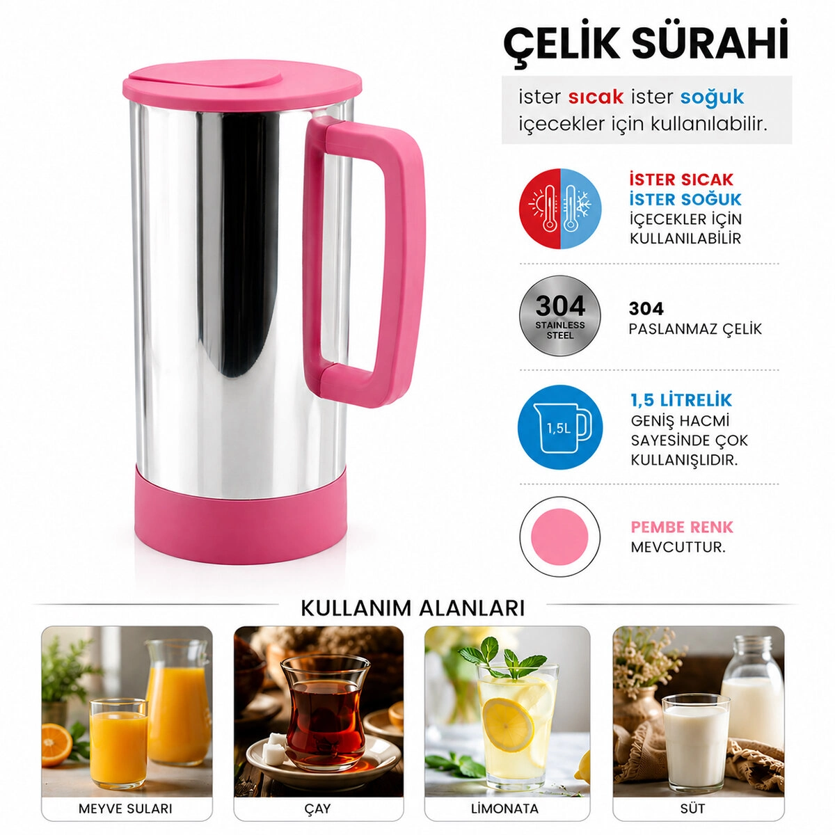 Şık Pembe Paslanmaz Çelik Sıcak Soğuk Sürahi 1 Litre