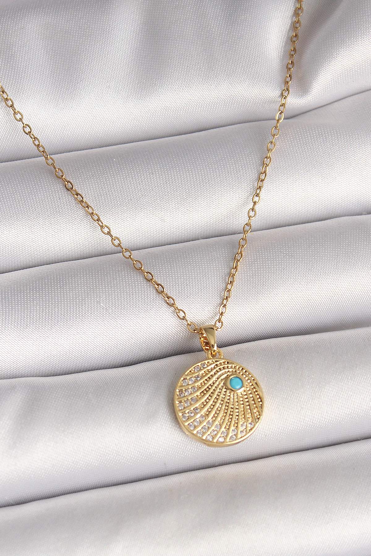 Zirkon Taşlı Gold Renk Zincir Kolye 45 cm Mavi Taş Detaylı