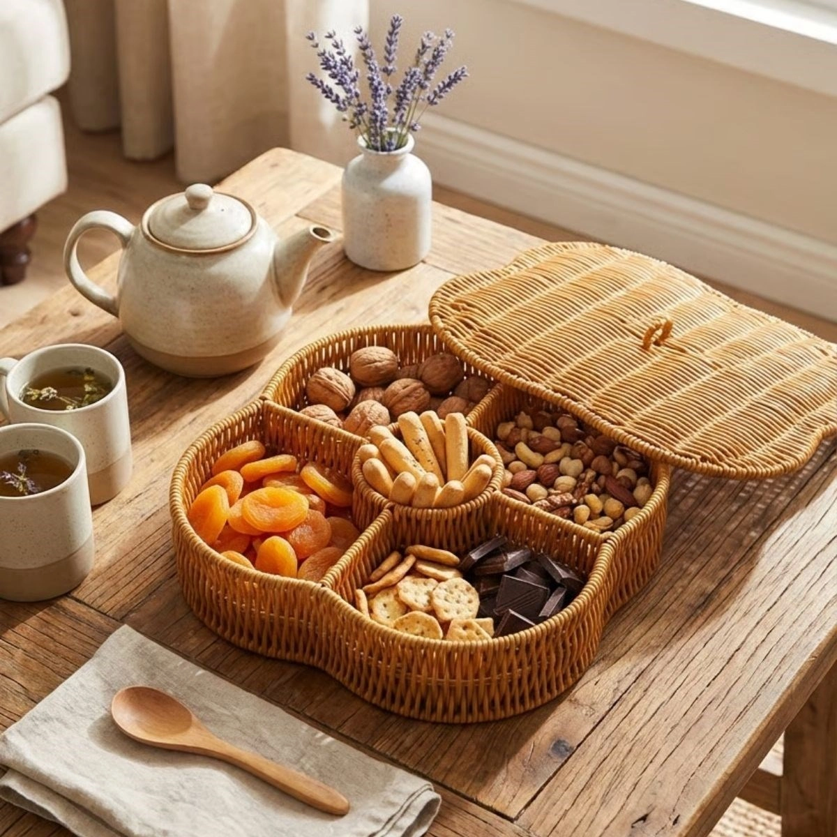 Şık Kapaklı 5 Bölmeli Rattan Organizer Kutu - Çok Amaçlı Saklama Sepeti