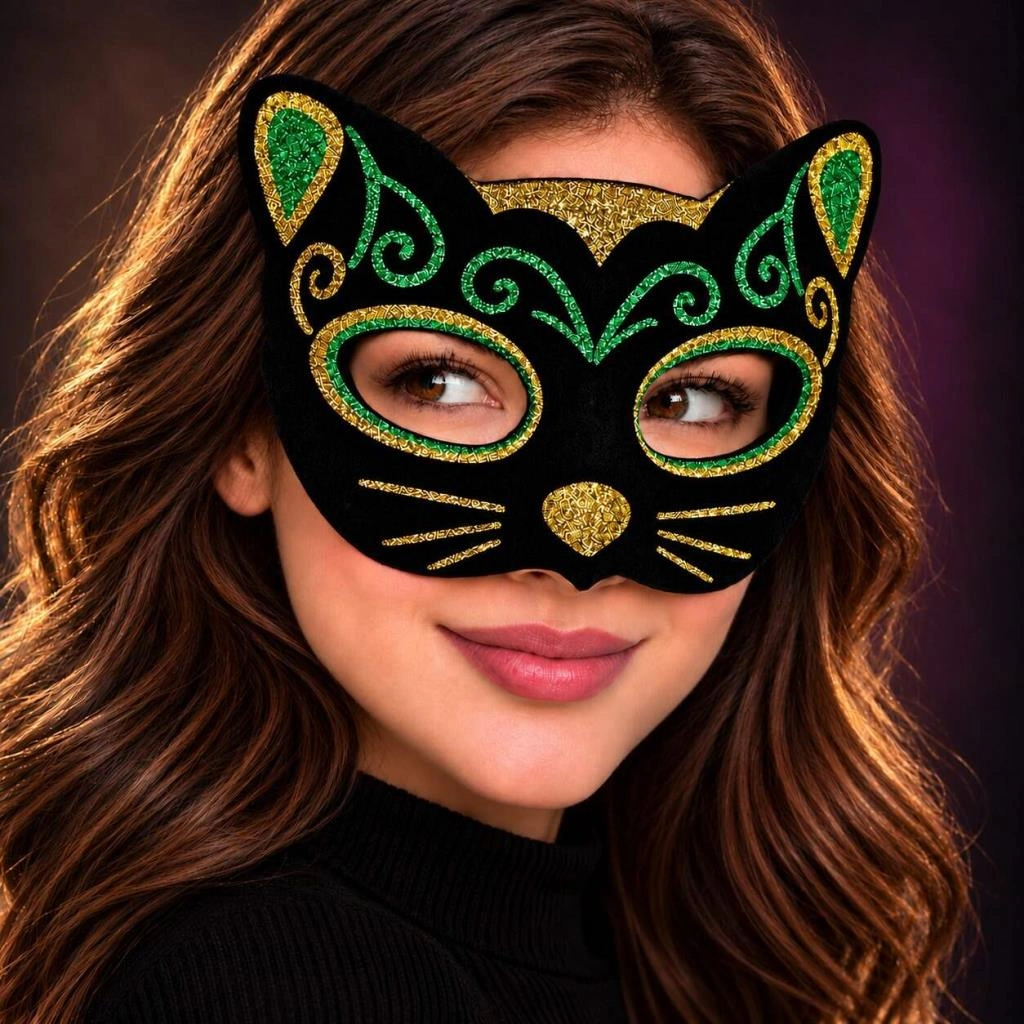 Şık Kedi Maskesi 20x13 cm Siyah Kadife Sarı Yeşil Sim Detaylı