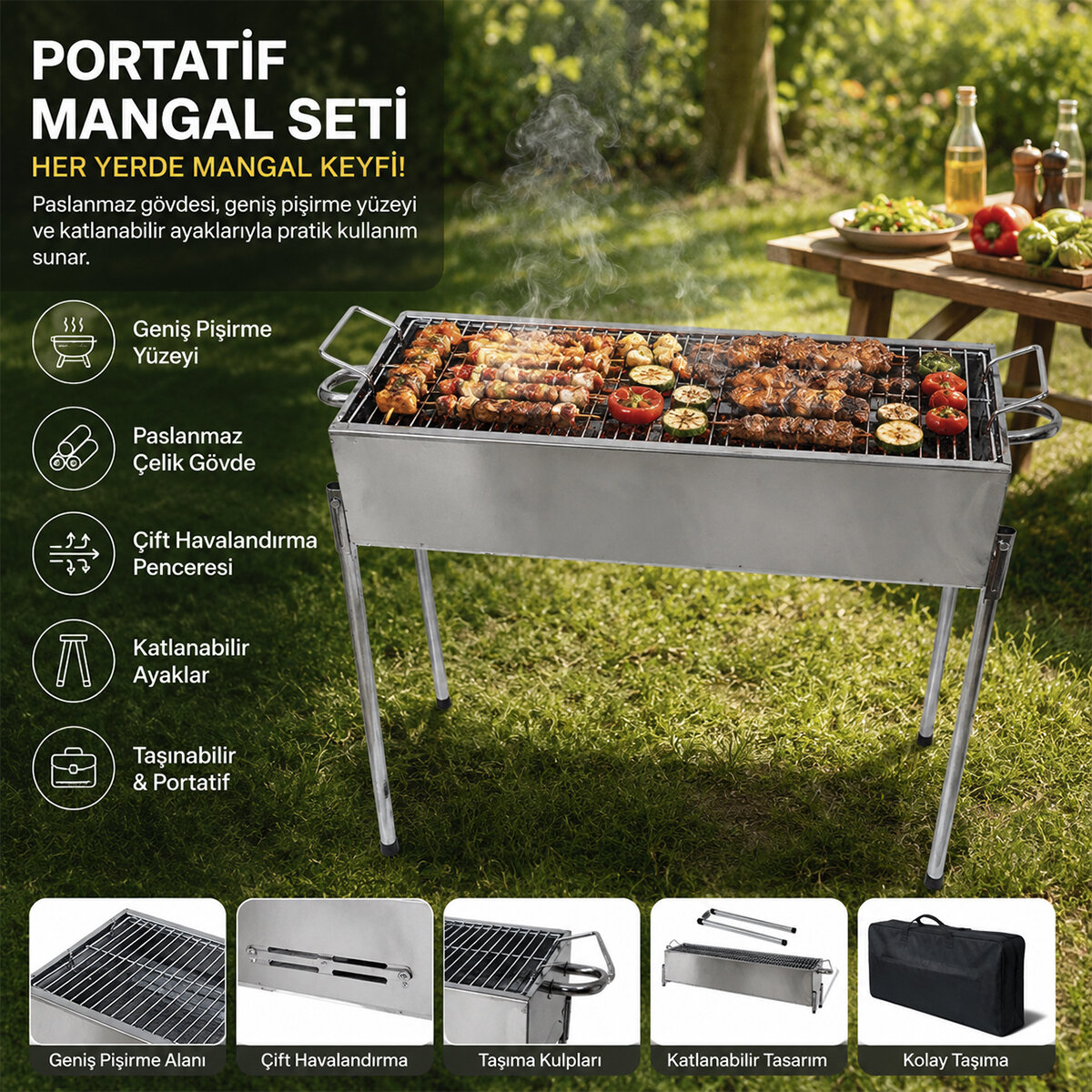 Paslanmaz Mangal Portatif Ayaklı - Standlı 70CM