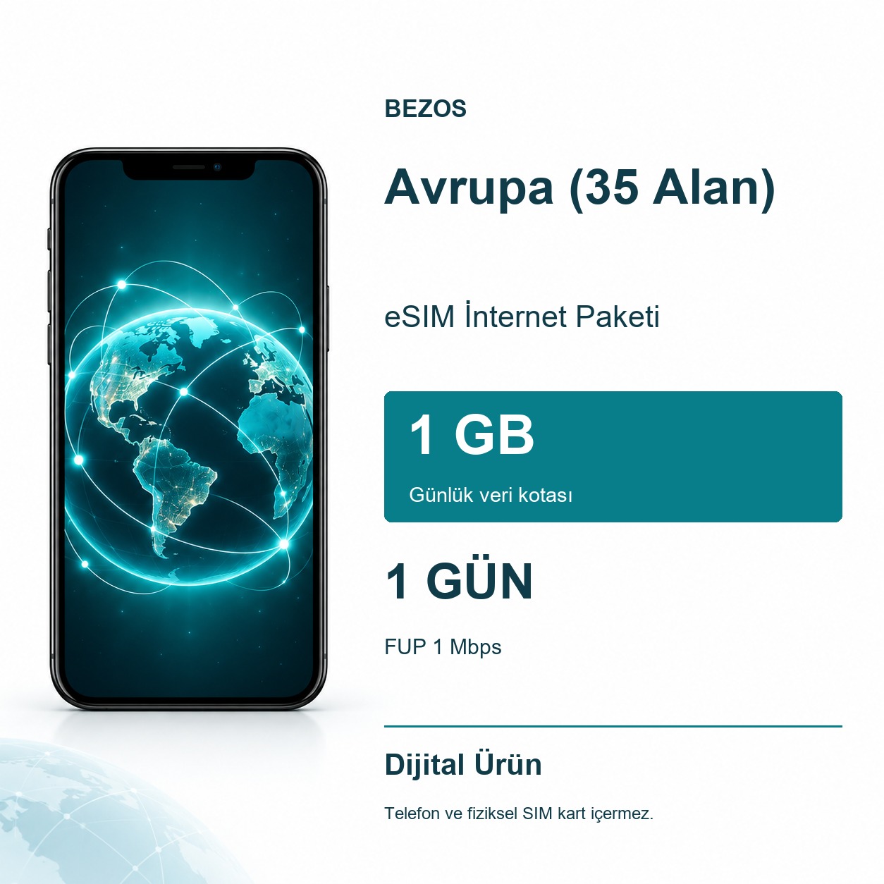Avrupa (35 Alan) eSIM İnternet Paketi Günlük 1 GB 1 Gün - FUP 1 Mbps