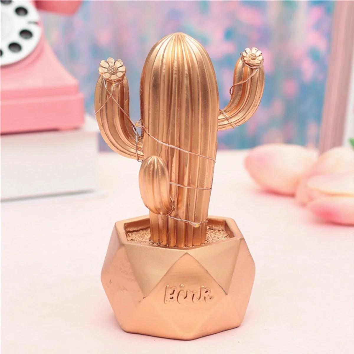 Led Işıklı Sevimli Kaktüs Dekoratif Masa Lambası Mini Biblo Gece Lambası Gold