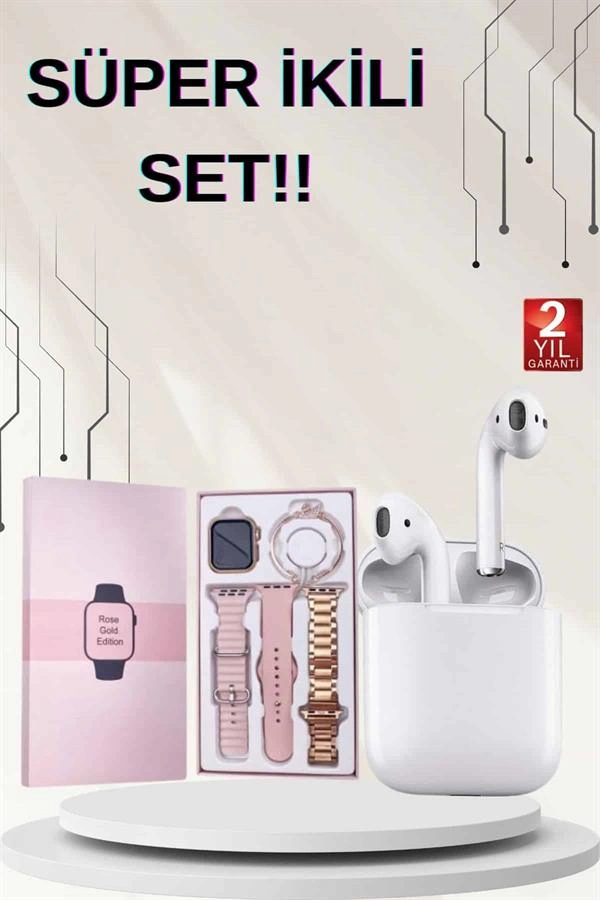 Kadın Akıllı Saat 3 Kordonlu ve Bluetooth Kulaklık Seti