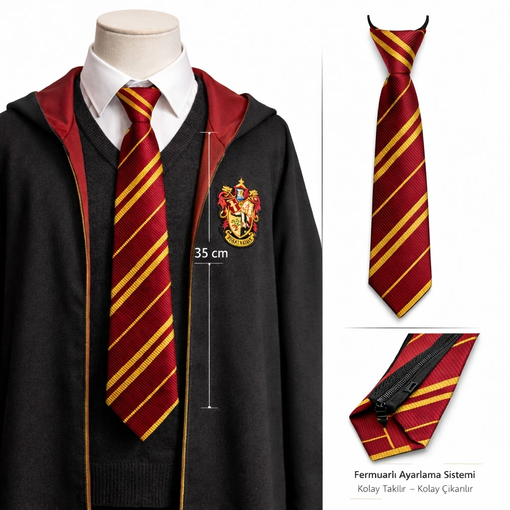 Gryffindor Temalı Fermuarlı Kravat Kırmızı Sarı Çizgili