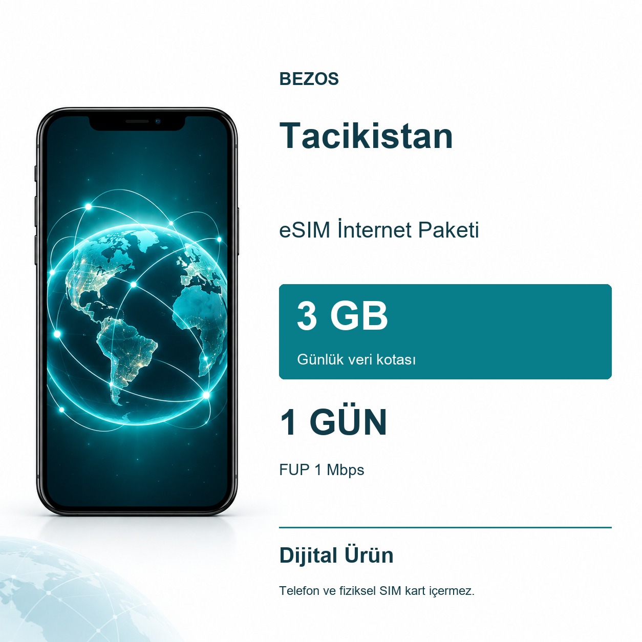 Tacikistan eSIM İnternet Paketi Günlük 3 GB 1 Gün - FUP 1 Mbps