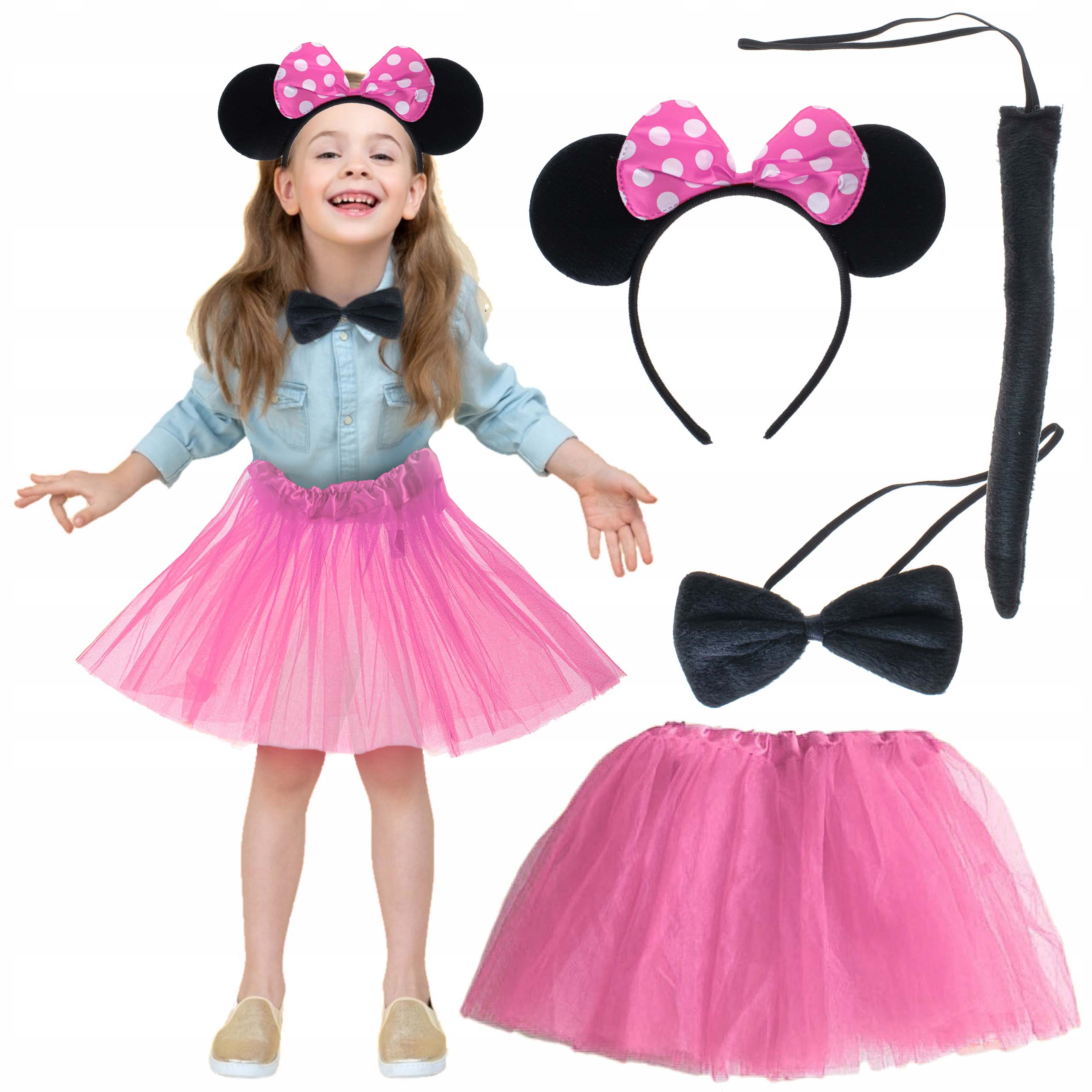 Minnie Kostüm Seti (Pembe Tütü Etek + Pembe Taç + Papyon + Kuyruk)
