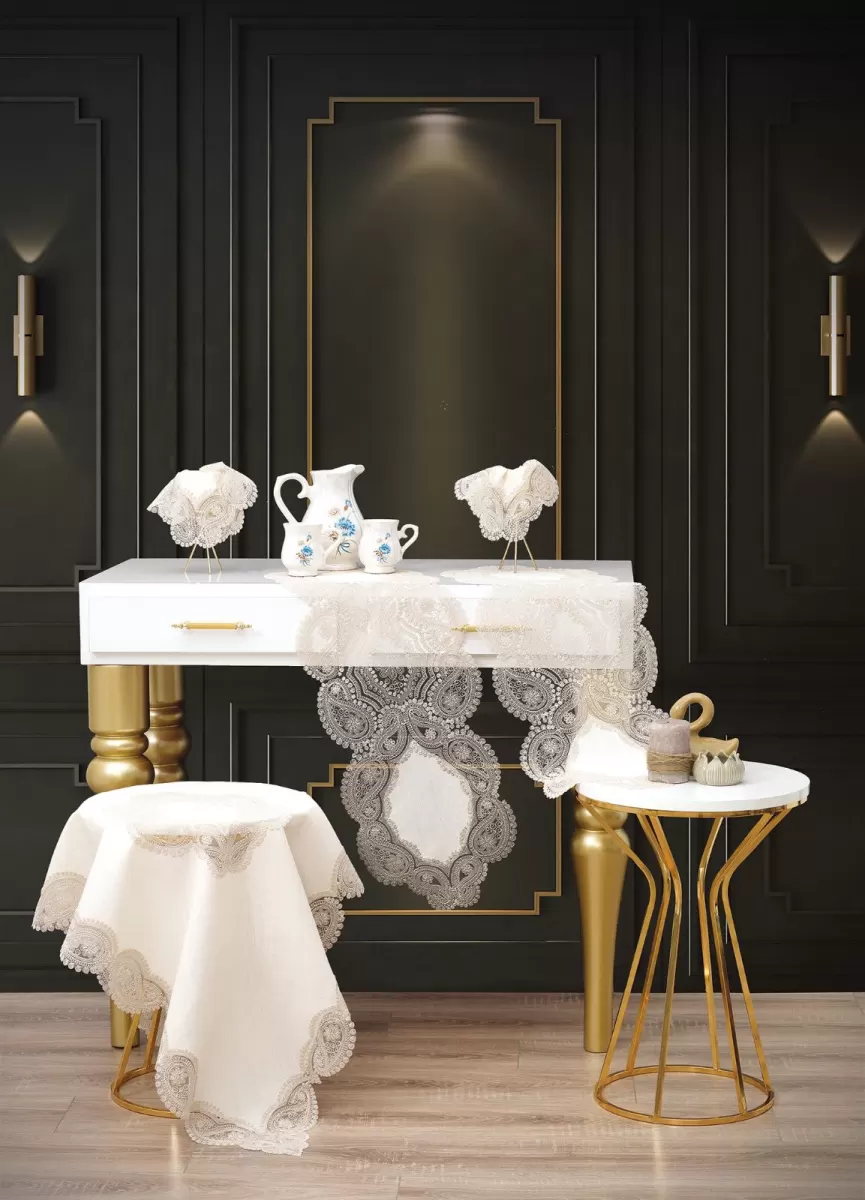 Krem-Kapiçino Bellisima Model 5 Parça Keten Dantelli Salon Takımı Runner Seti No 800