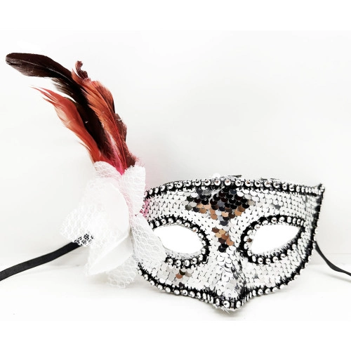 Şık Gümüş Taşlı Pullu Maske 20x22 cm Tüy Detaylı