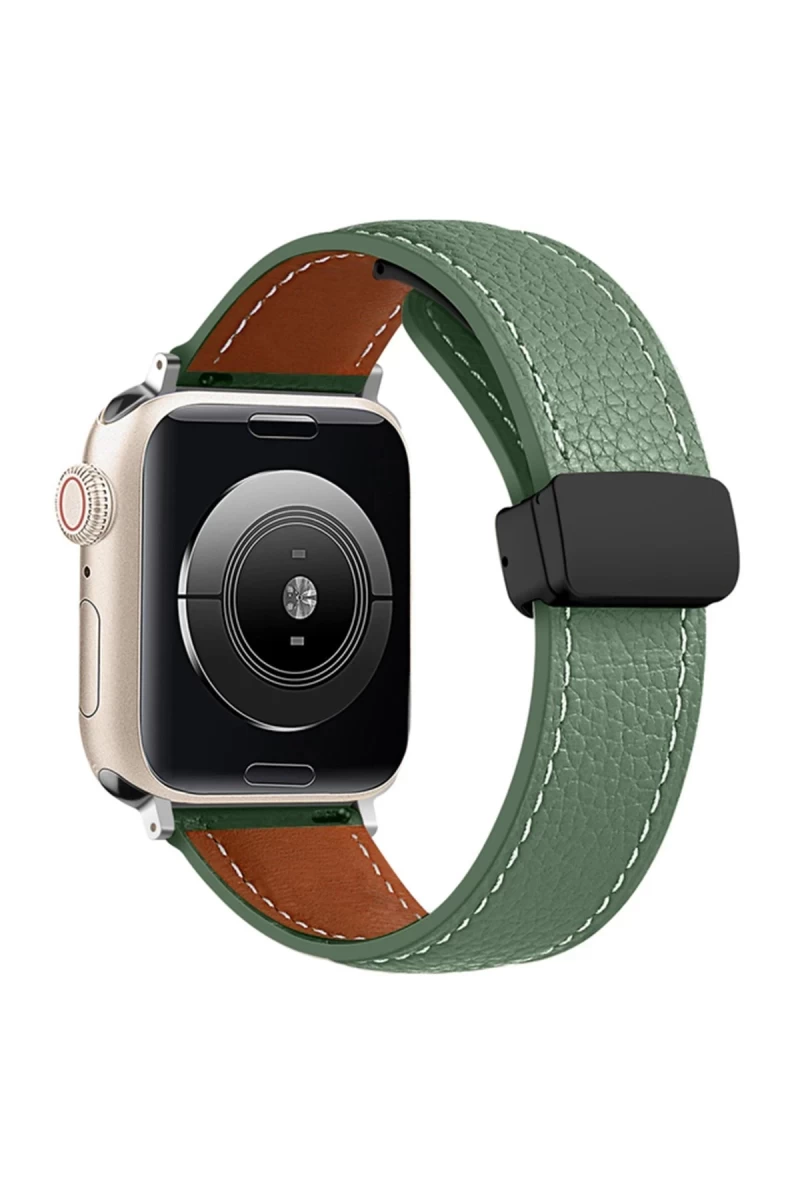 Apple Watch 42mm Uyumlu KR414 Daks Deri Kordon - Koyu Yeşil