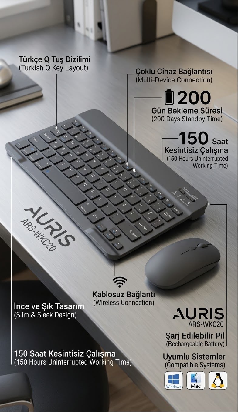 ARS-WKC20 Kablosuz Bluetooth Klavye ve Fare Seti