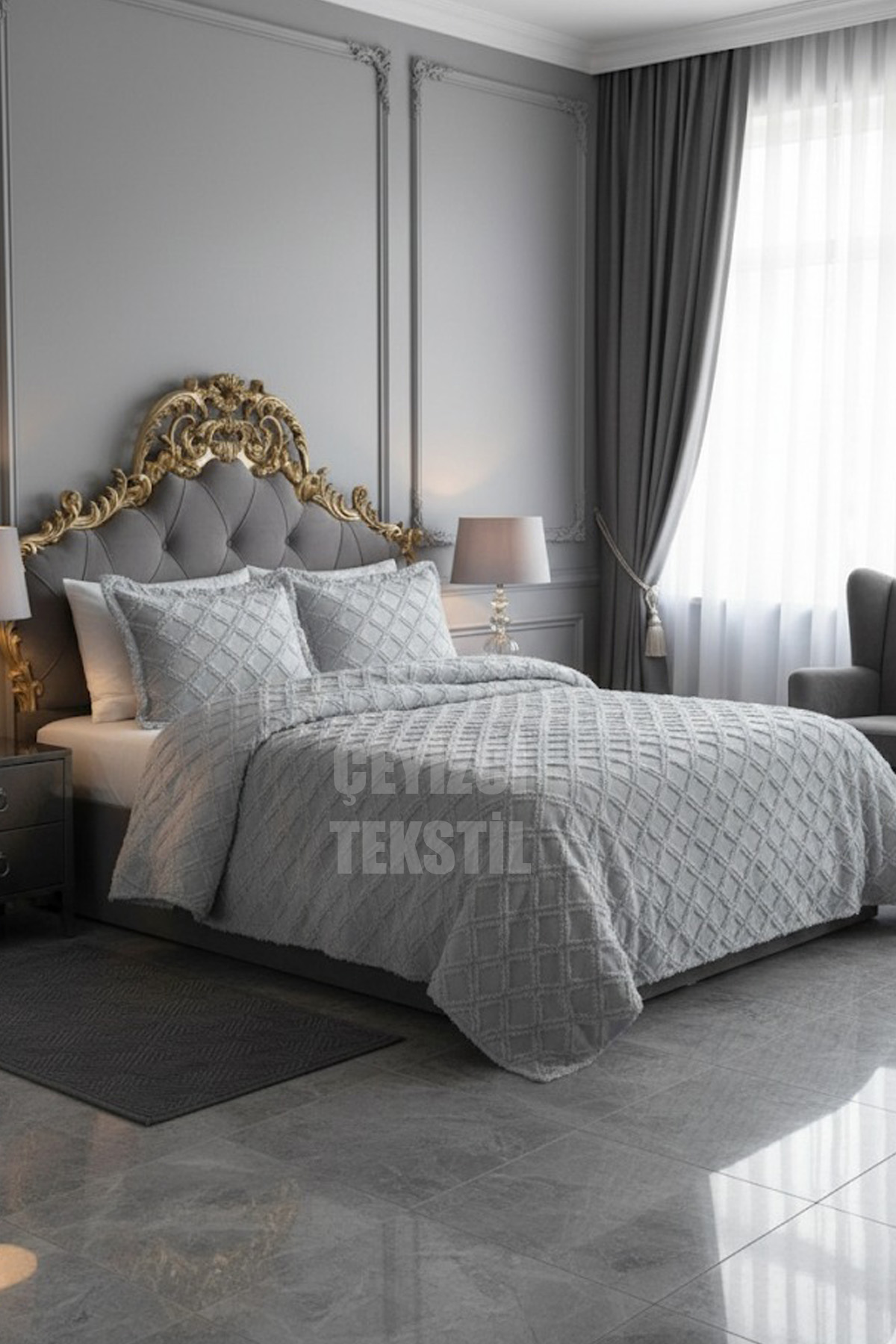 Çift Kişilik Yatak Örtüsü Gri 3 Parça Yatak Örtüsü Bedspread