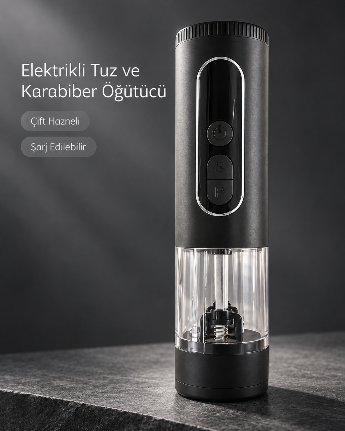 Mutfak ve Sofra Kullanımına Uygun Çift Hazneli Elektrikli Tuz Karabiber Öğütücü