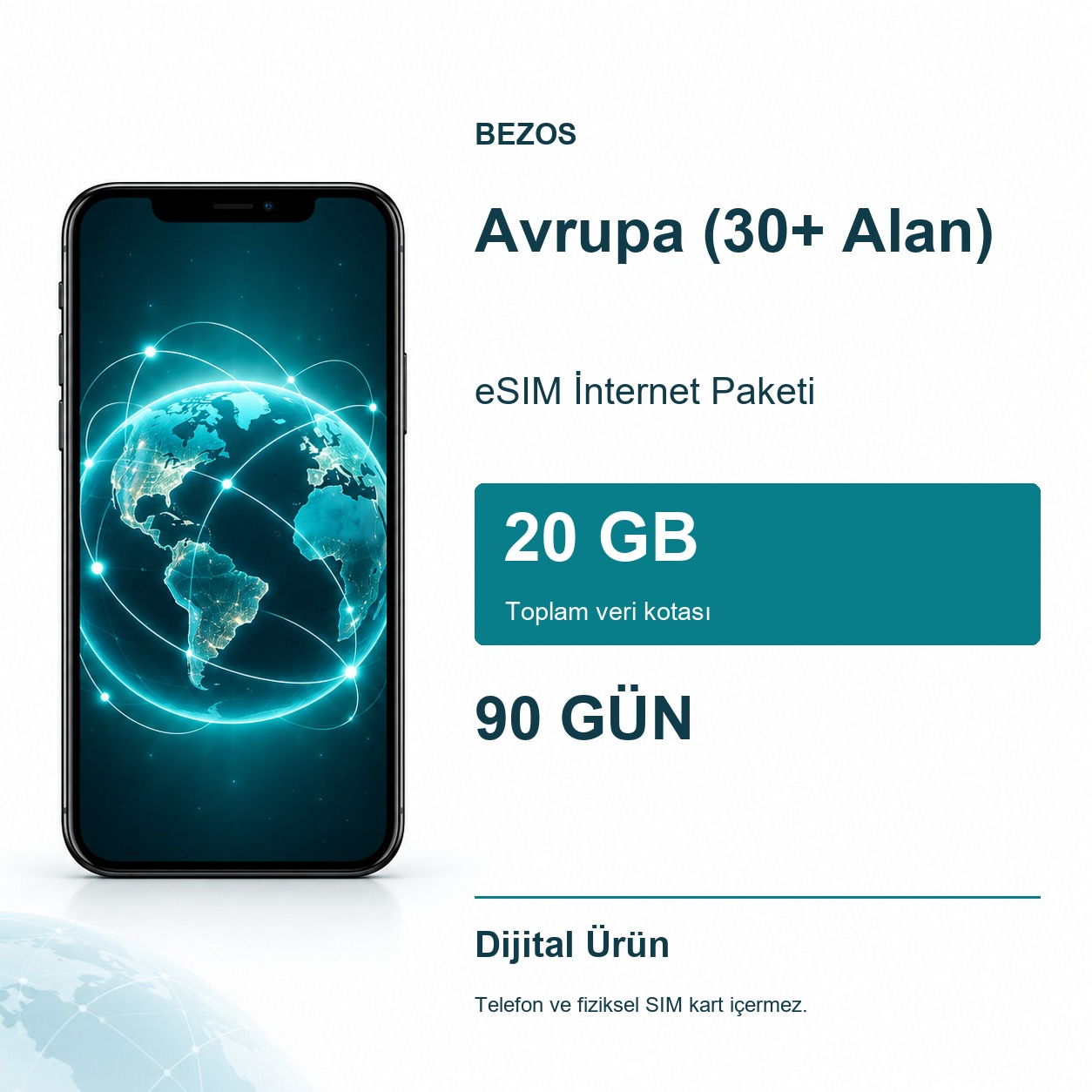 Avrupa (30+ Alan) eSIM İnternet Paketi 20 GB 90 Gün