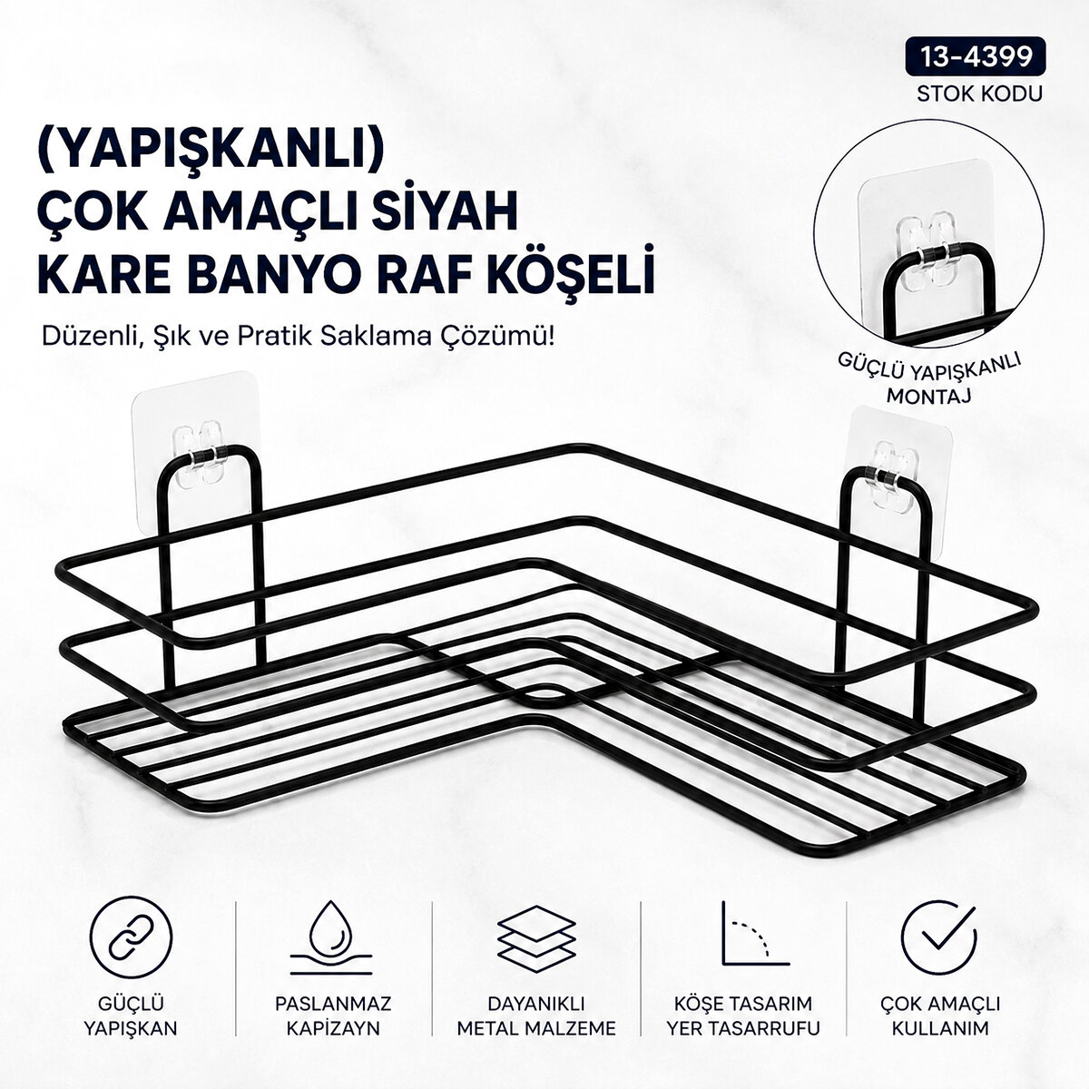 Yapışkanlı Çok Amaçlı Siyah Kare Banyo Raf Köşeli