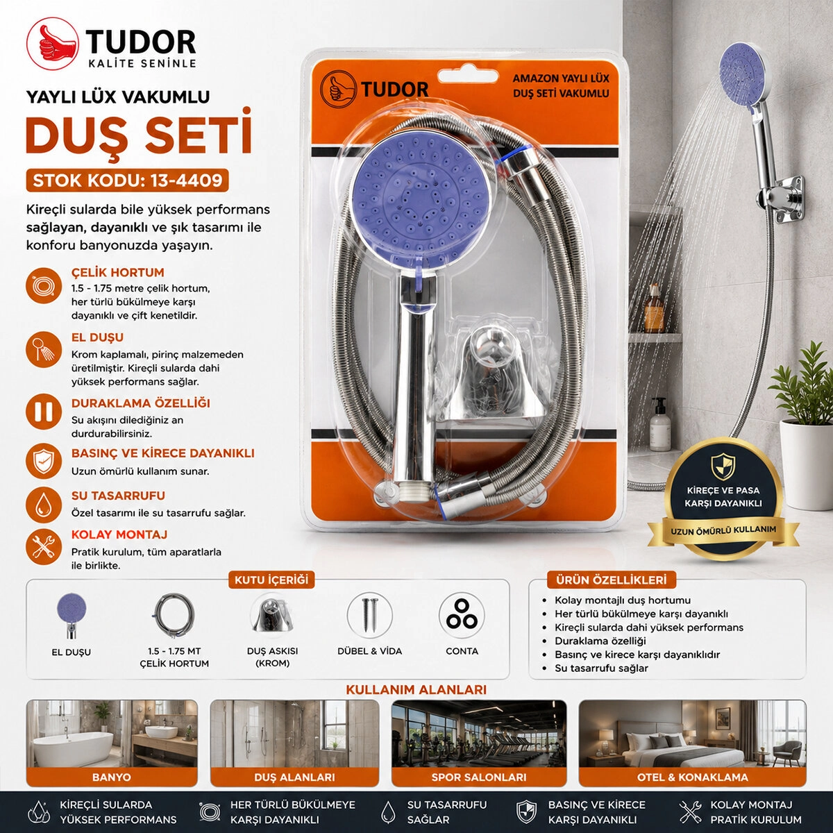 Lüks Krom Duş Seti 150 cm Metal Hortum ile