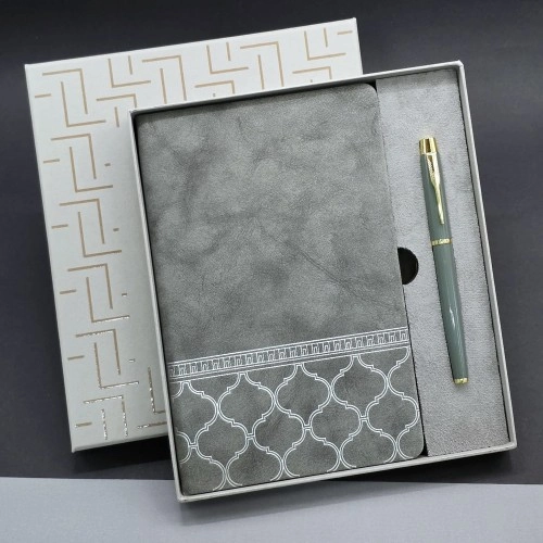 Şık Hediyelik Defter Kalem Seti Gri Desenli Kutu ile