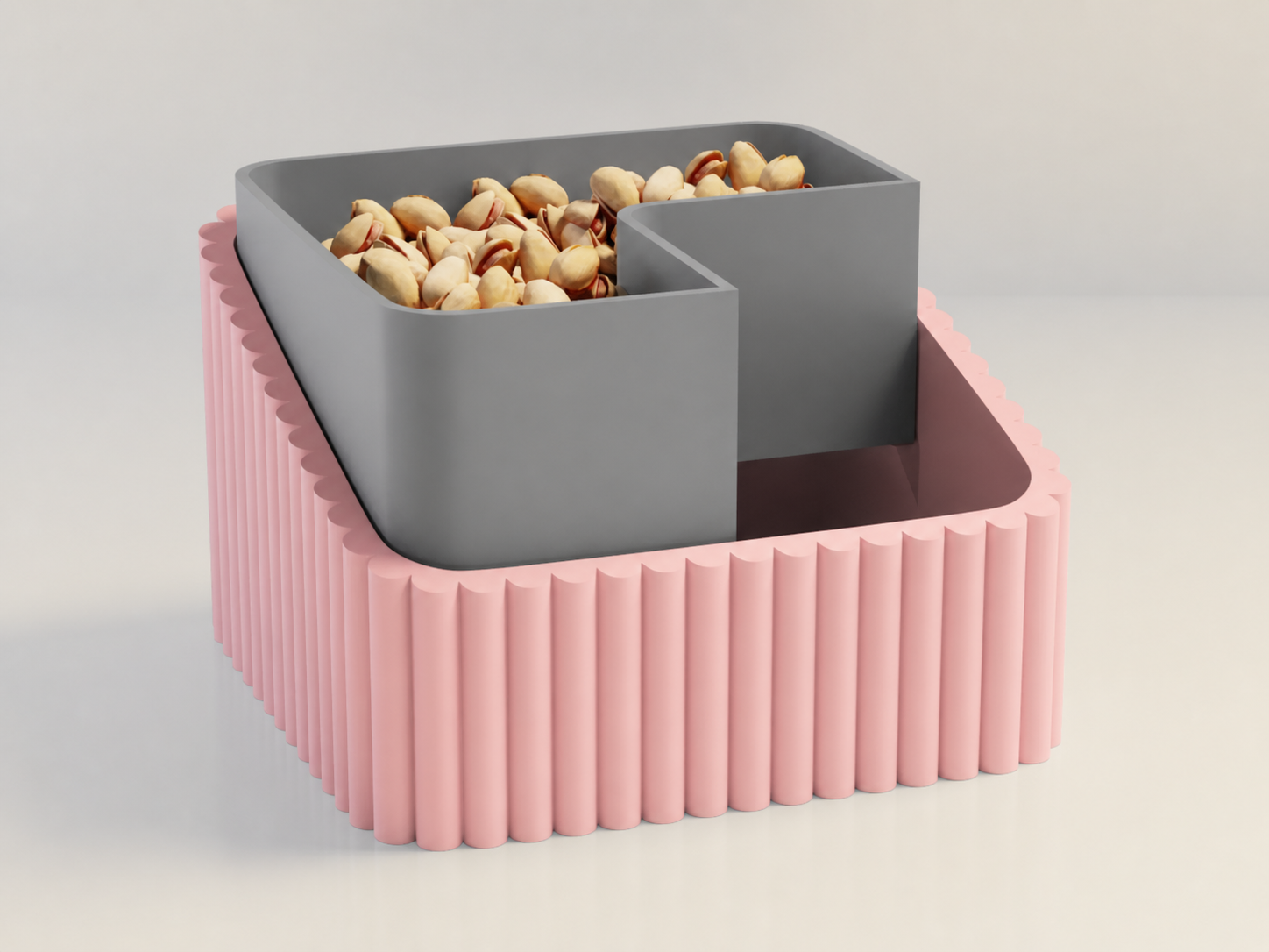3D Baskı Fıstık Kasesi - Çift Hazneli Kabuk Ayırıcı Sunum Kasesi - Pembe Gri