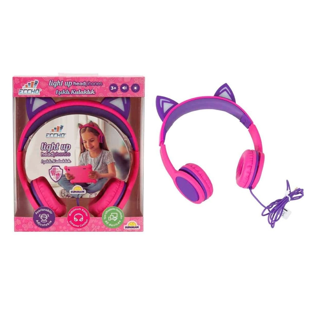 Kedi Şeklinde Işıklı Kablolu Kulaklık Pembe-Mor 1 Adet