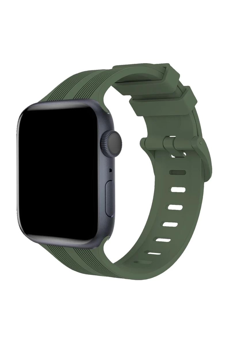 Apple Watch 38mm Uyumlu KR408 Çizgili Silikon Kordon - Koyu Yeşil
