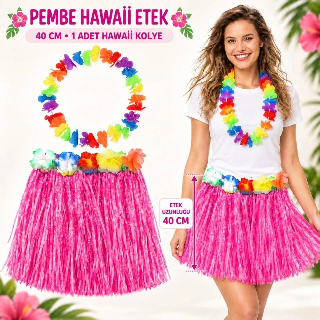 Aloha Pembe Püsküllü Etek ve Kolye Seti 40 cm Parti Kostümü