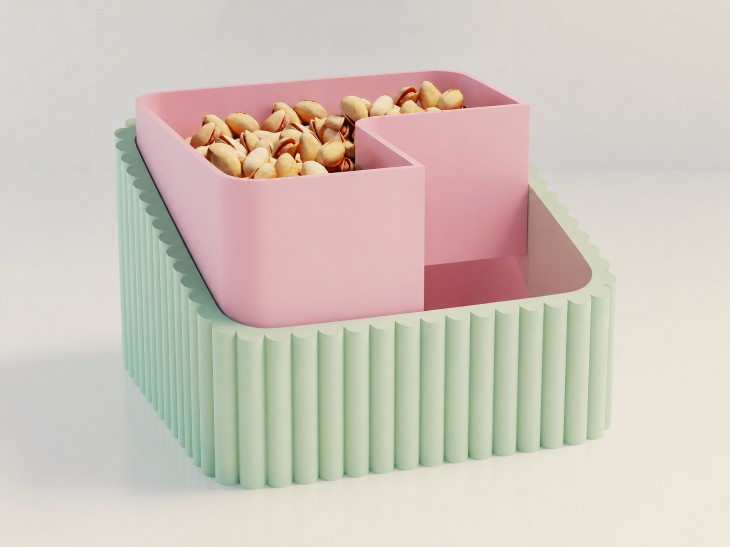 3D Baskı Fıstık Kasesi - Çift Hazneli Kabuk Ayırıcı Sunum Kasesi - Mint Pembe