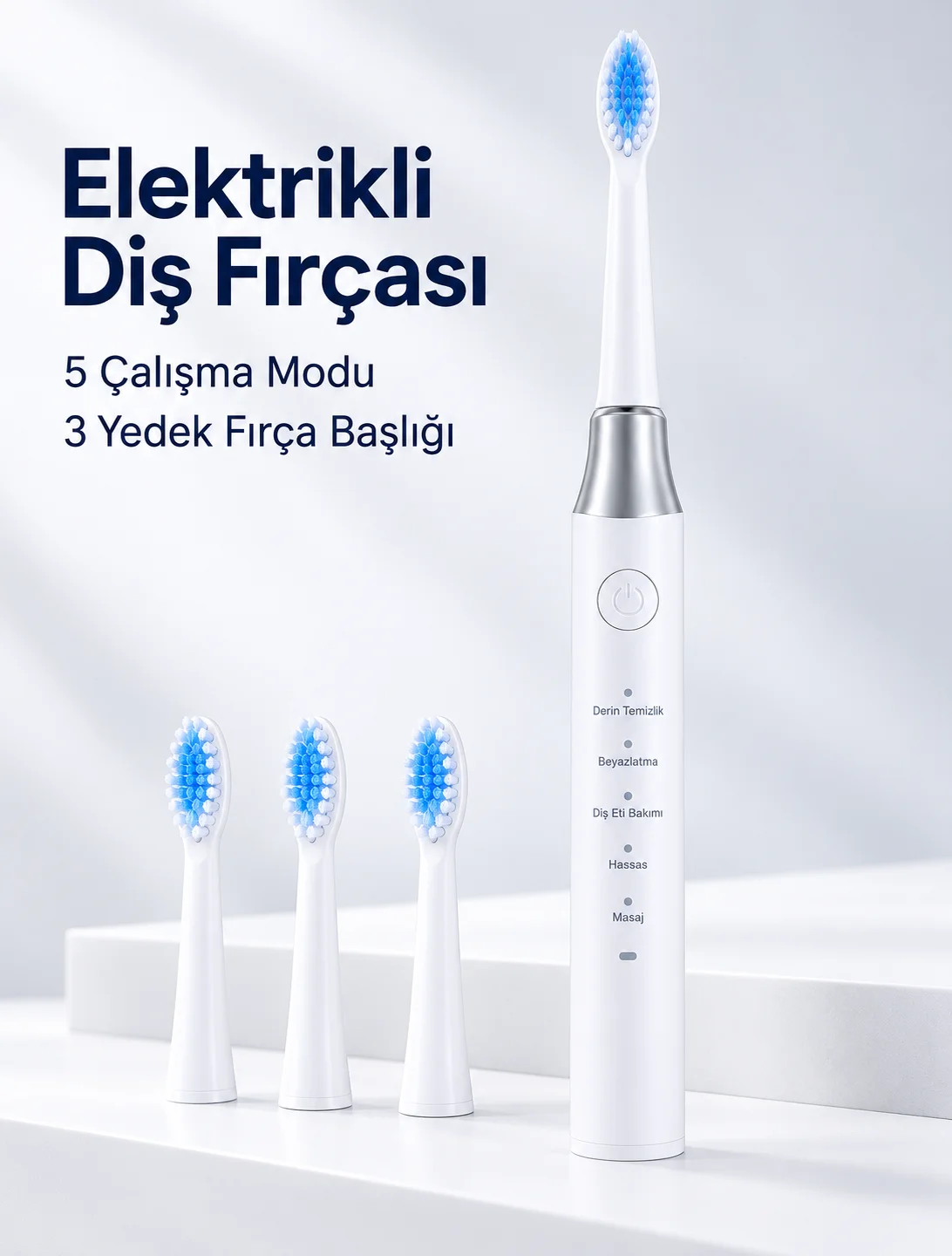 3 Yedek Başlık Hediyeli USB Şarjlı Beyaz Elektrikli Diş Fırçası
