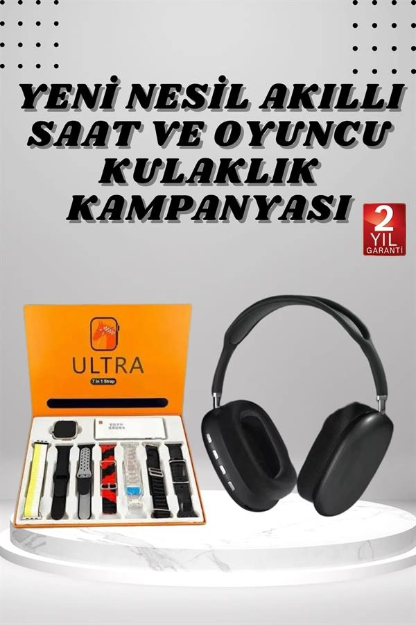 Modern Akıllı Saat ve 7 Kordonlu Kulaklık Seti