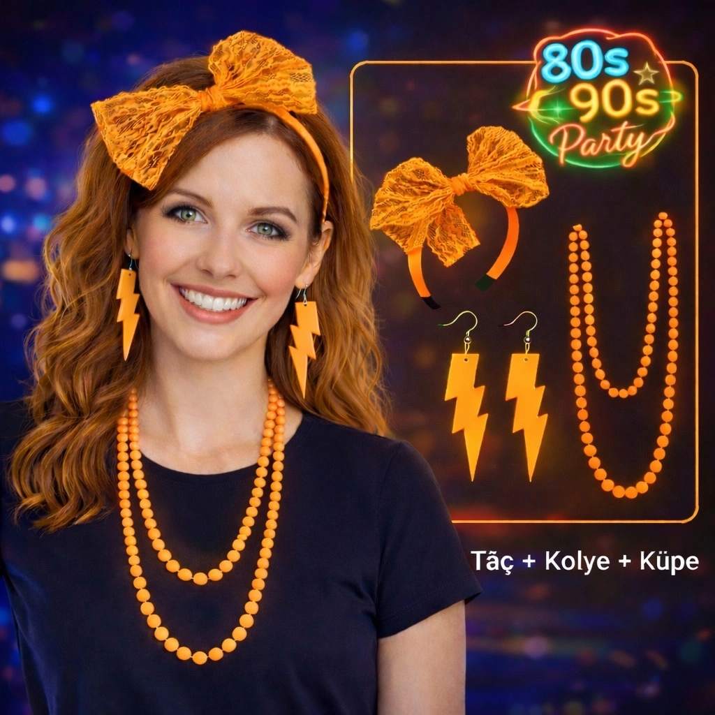 Retro Neon Turuncu Parti Seti 3 Parça Kolye Küpe Taç