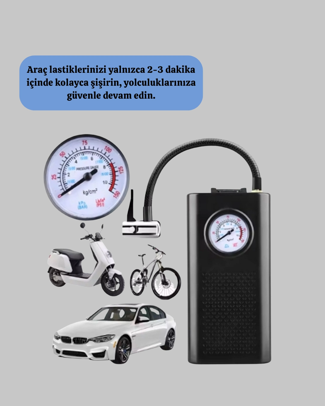 Pratik Elektrikli Lastik Pompası 20 cm Hortum ile Taşınabilir