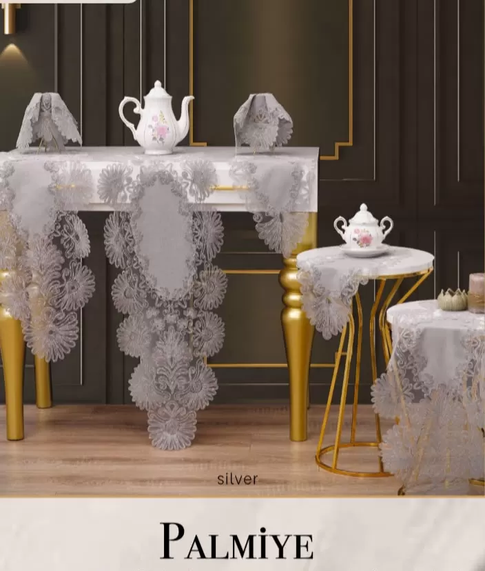 Palmiye Model Gri 5 Parça Keten Masa Örtüsü Runner Seti Salon Takımı