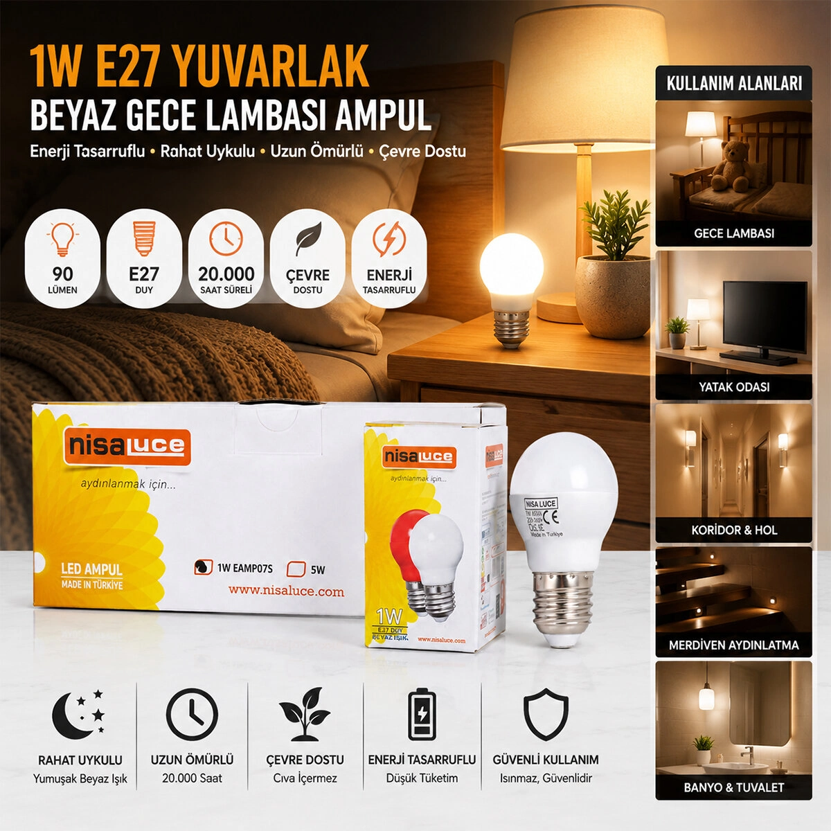 Yuvarlak Beyaz Gece Lambası LED Ampul 10 Adet E27