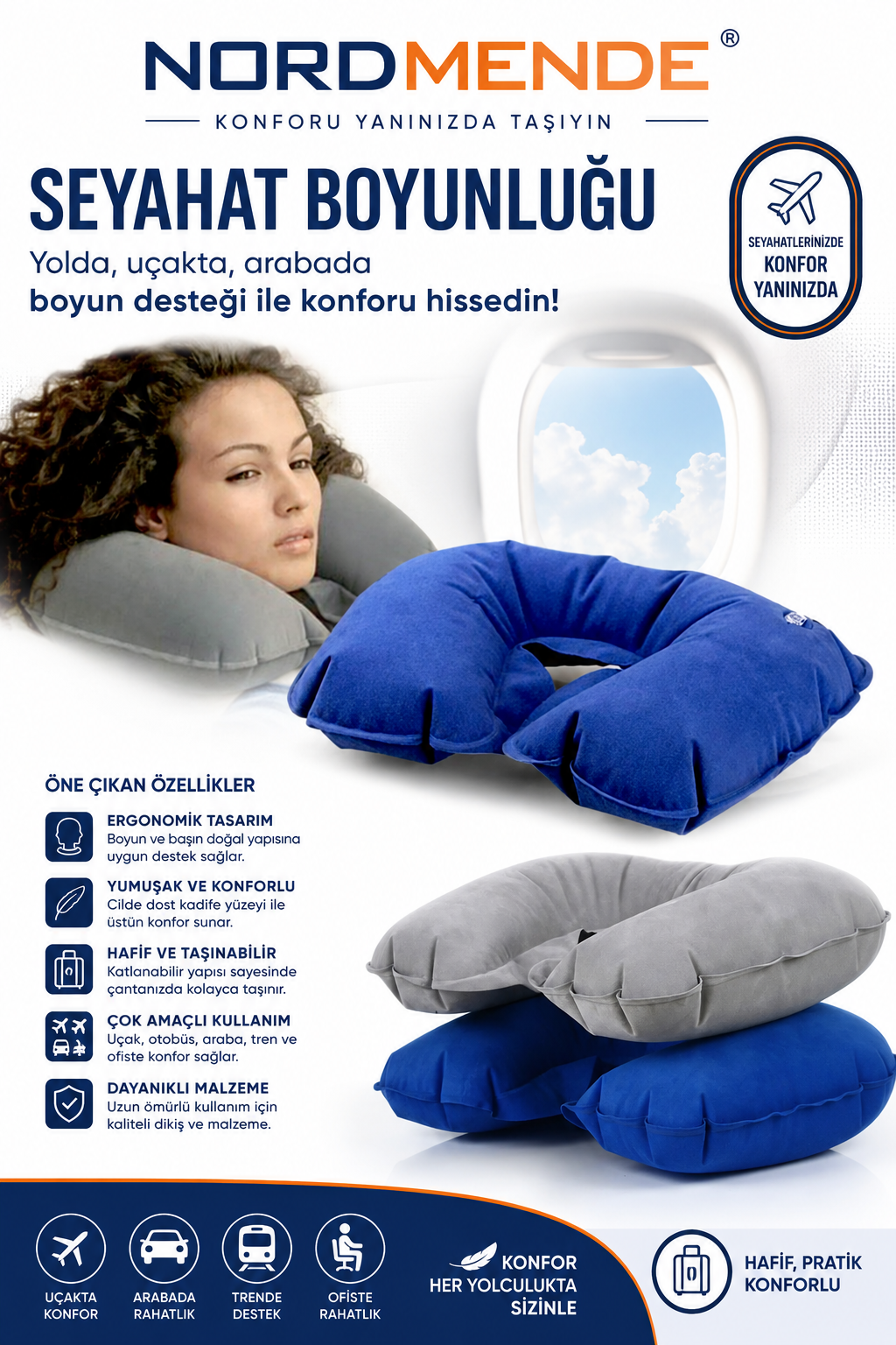 Premium Seyahat Boyunluğu Uçak Otobüs Araç Ofis İçin Ergonomik Boyun Destek Yastığı