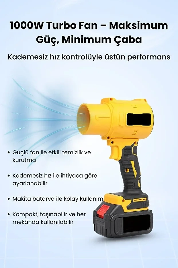 Turbo Fanlı Kablosuz Hava Üfleyici 12.000mAh Batarya ile