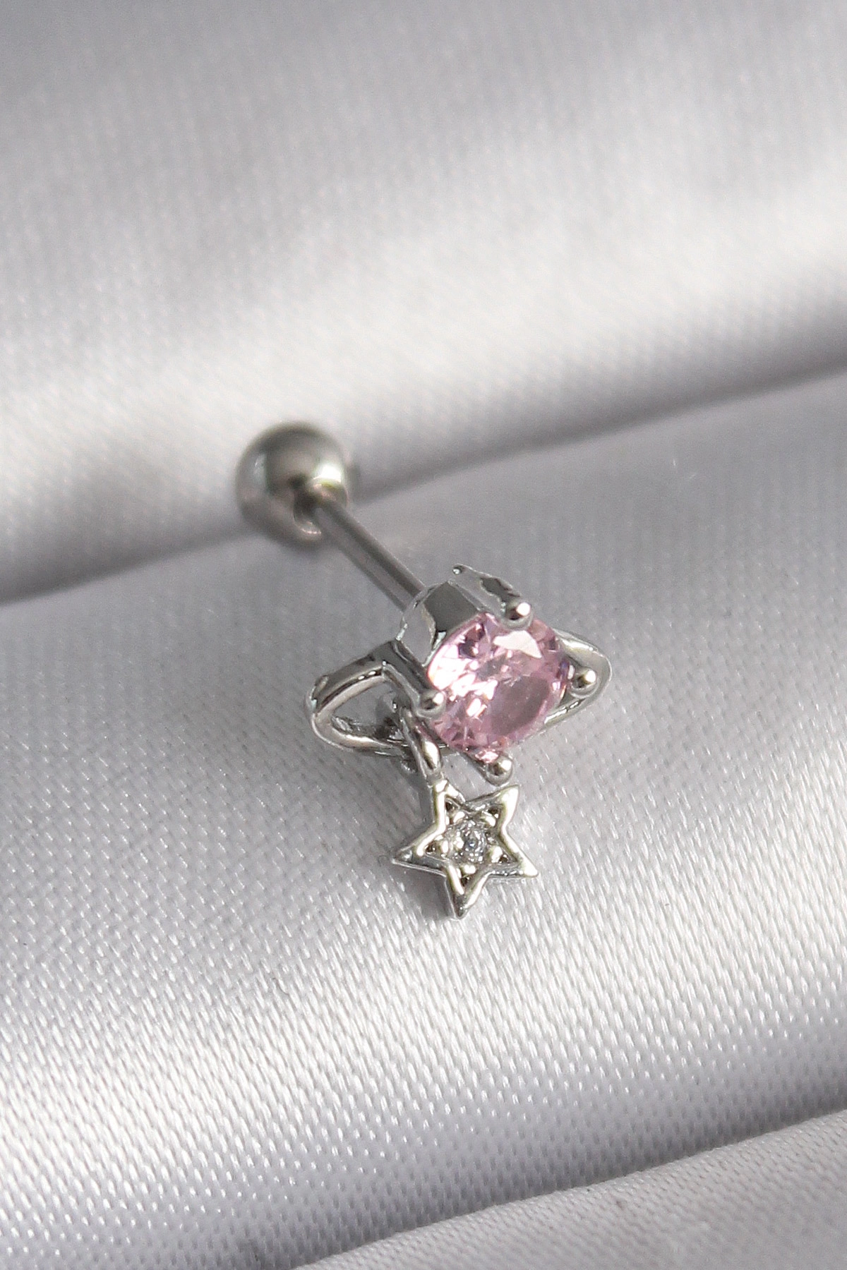 Pembe Zirkon Taşlı Çelik Sallantı Yıldız Tragus Piercing 6mm