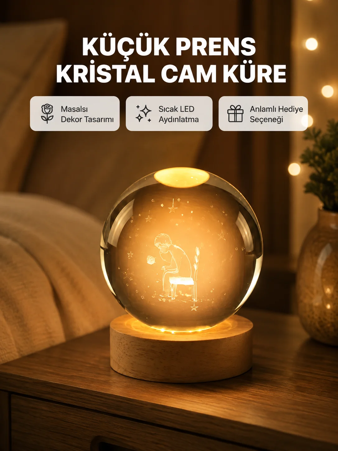 8 cm Küçük Prens Cam Küre USB Işıklı Ahşap Tabanlı Dekor