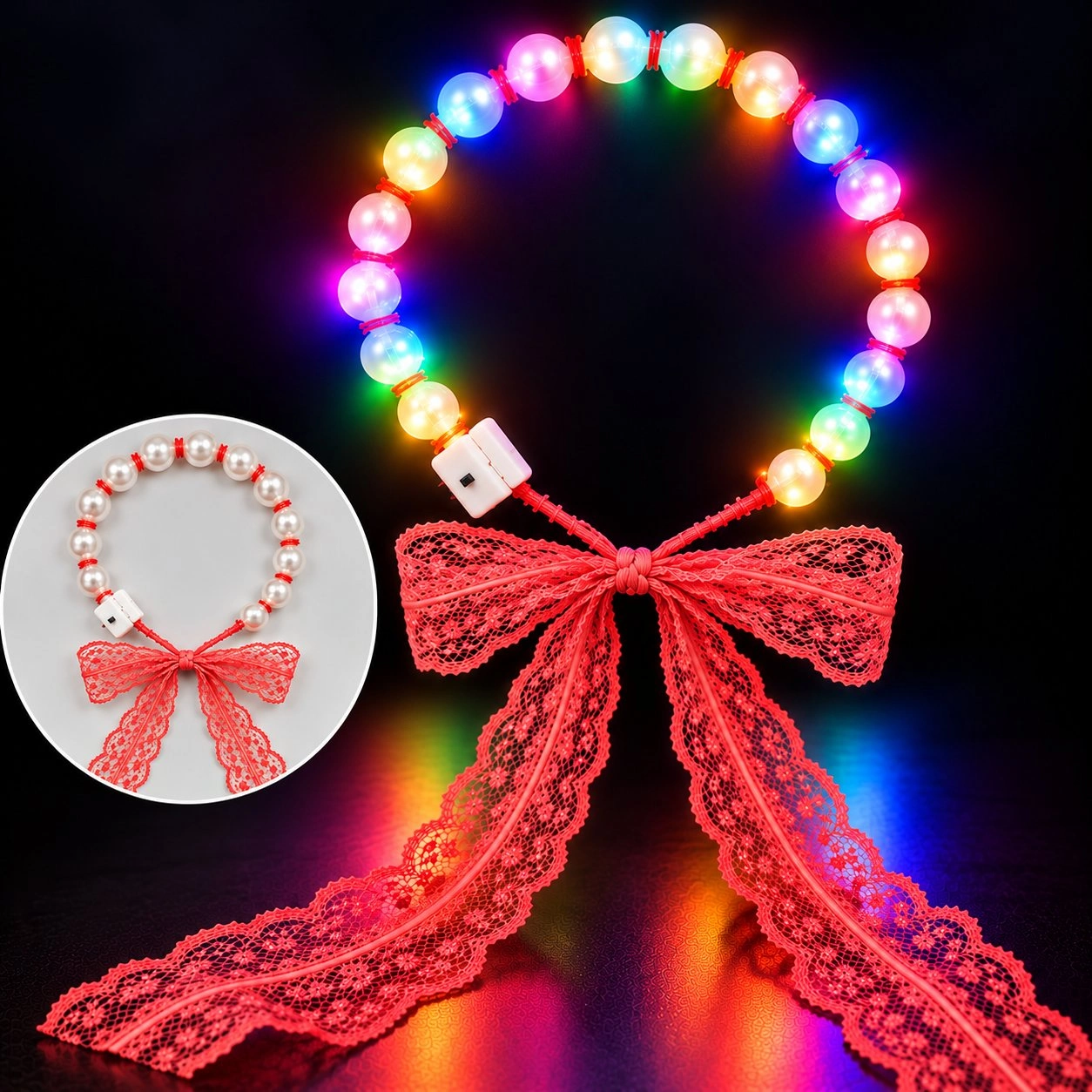 Zarif Renkli Işıklı İnci Taç 3 Modlu Kırmızı Dantel