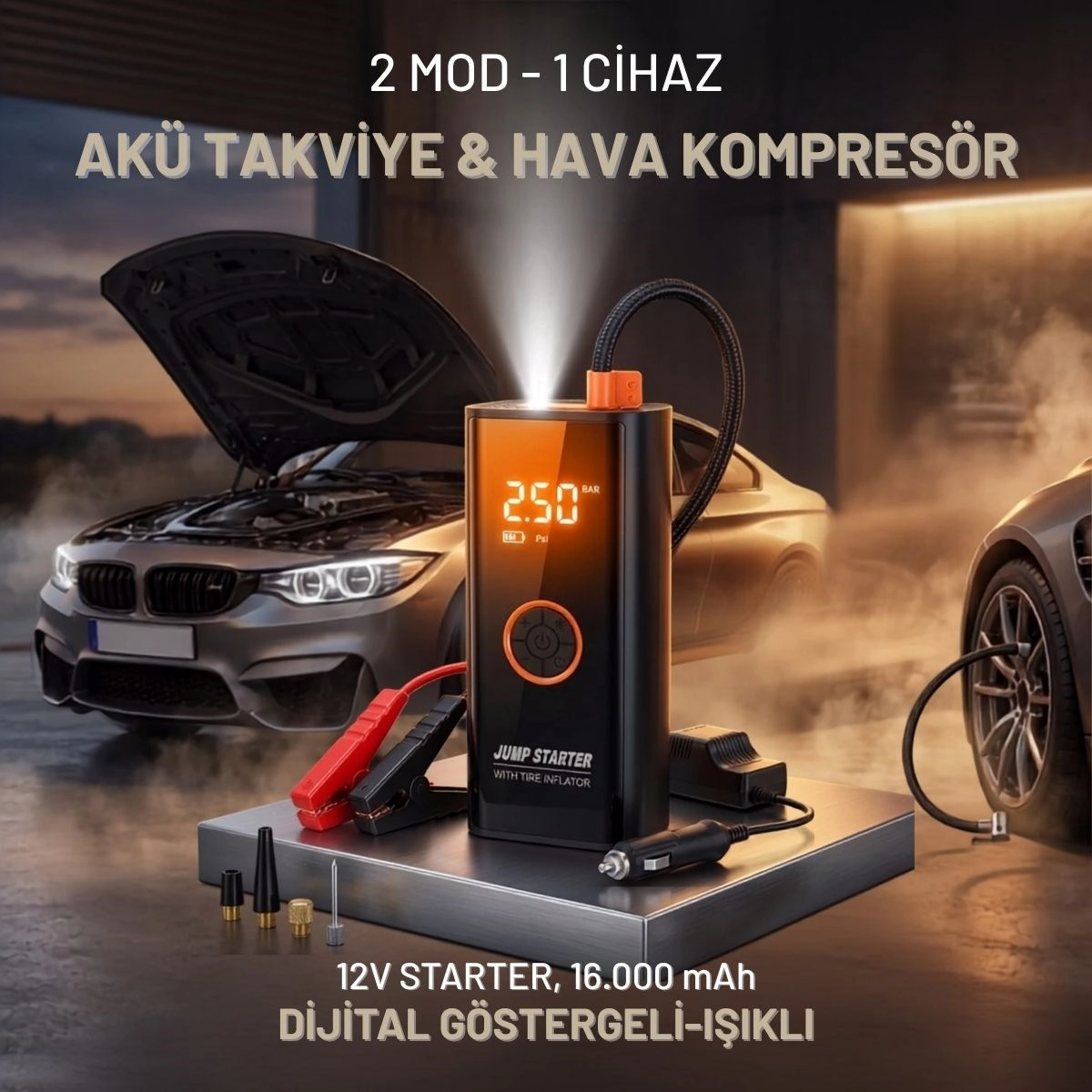 Taşınabilir Kompresör ve Akü Takviye Cihazı 12V SOS Fenerli