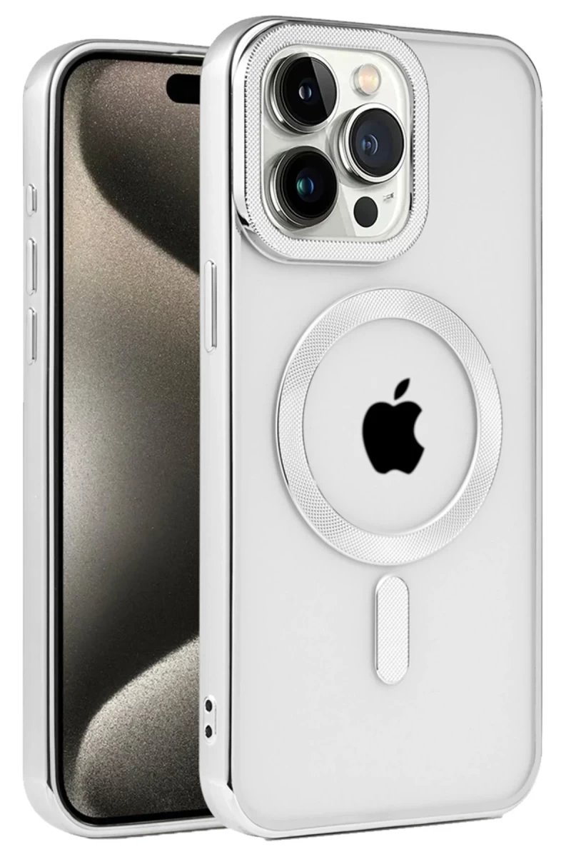 Apple iPhone 15 Pro Uyumlu Kılıf Kronos Magsafe Kapak - Gümüş